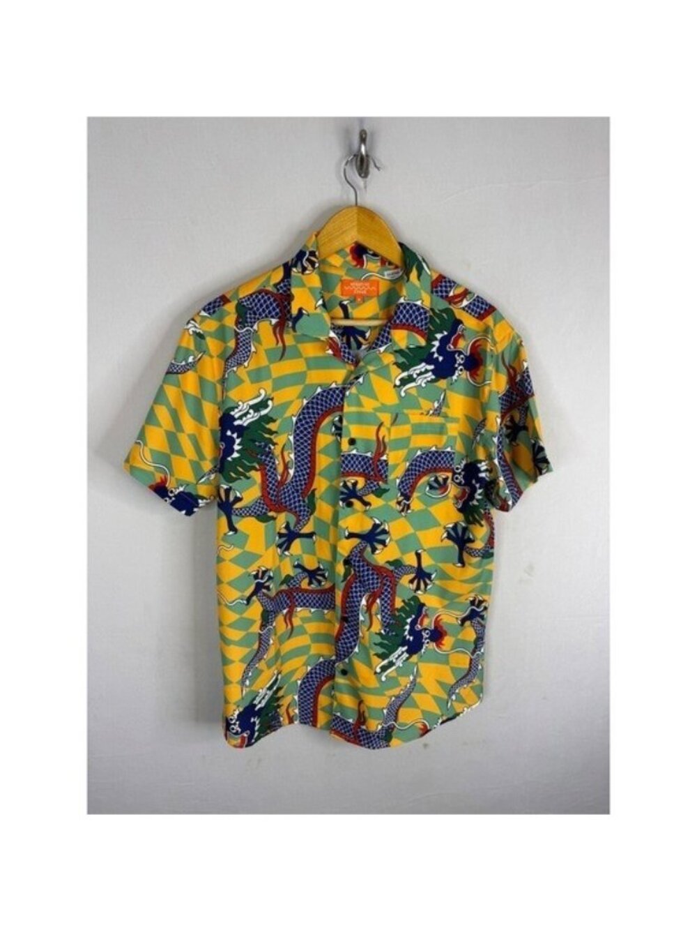 Negative Space Mens Dragon Print Button Up Shirt Yellow Green Checkered Medium